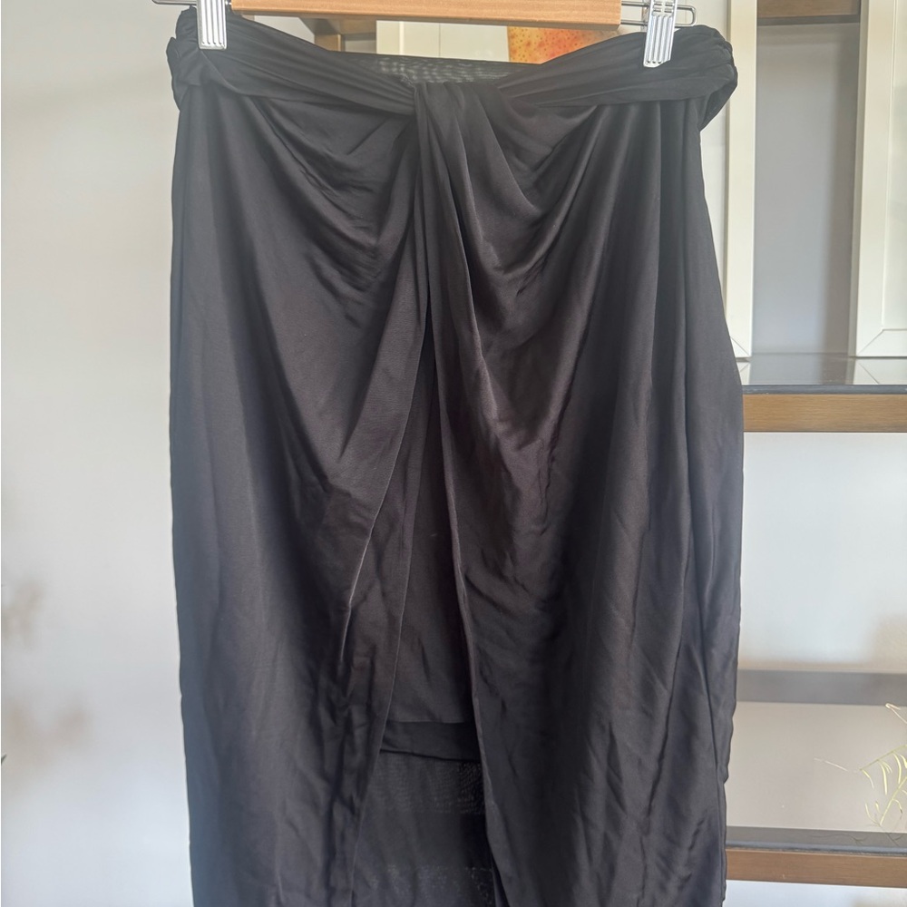 All Saints Black Midi Wrap Skirt with Ruched Tie Front